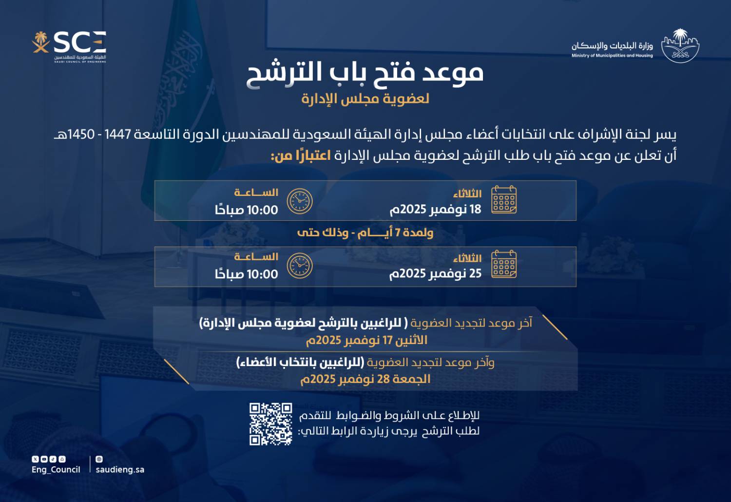 Opening of nominations for membership in the Board of Directors of the Engineers Authority.
